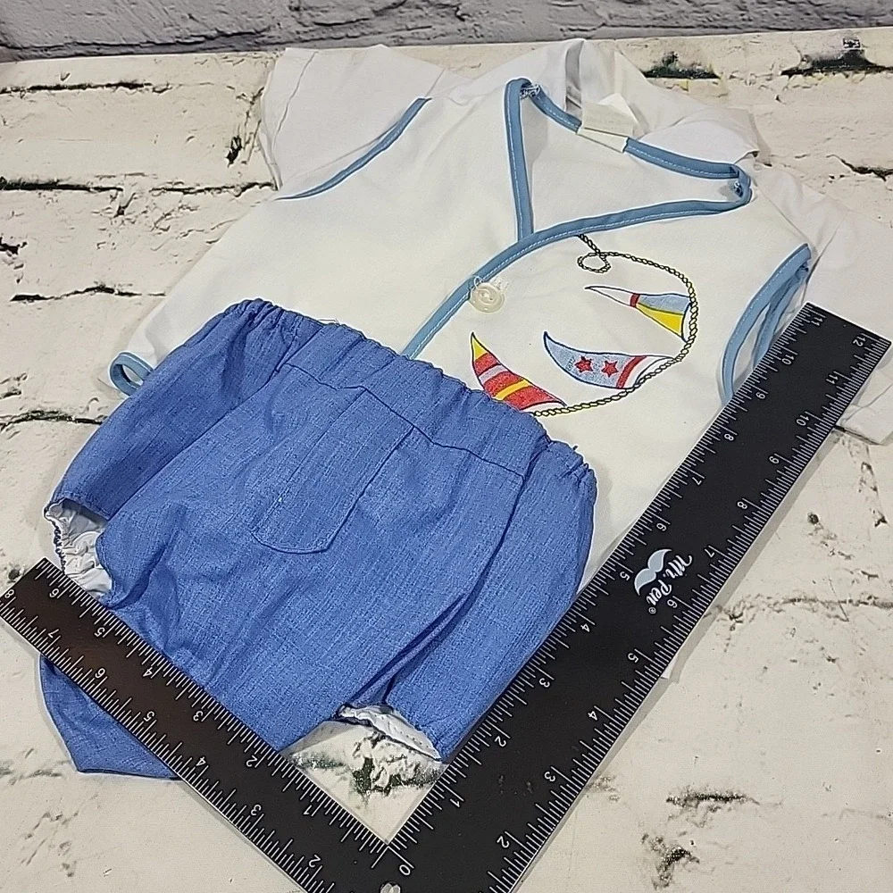 Vintage Baby Clothes 3pc Lot 12mos Button Up Shirt Vest Blue Diaper Cover